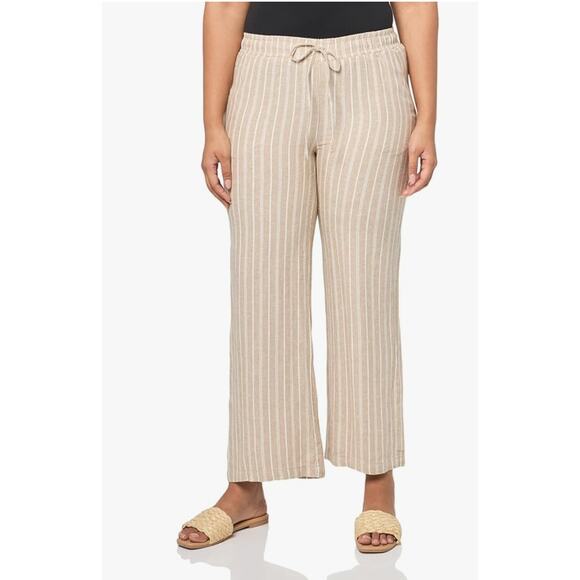Briggs L Striped LINEN Wide Leg Elastic Waist Pants Pull On High Rise Tan White - Picture 1 of 7